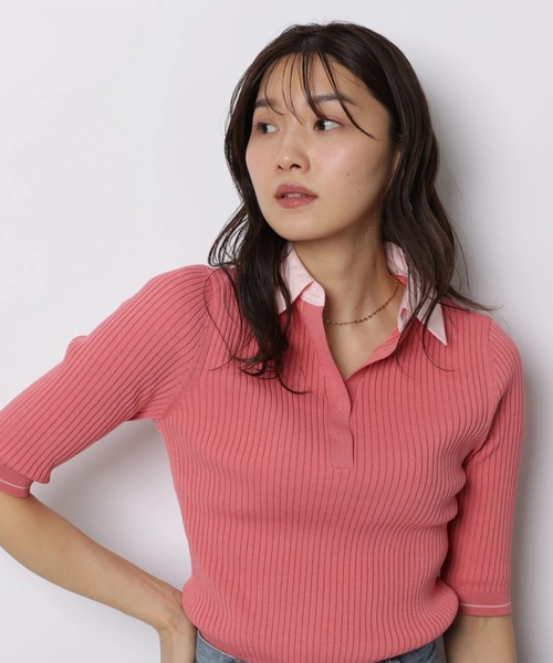 JUSGLITTY（ジャスグリッティー）の「５分袖シャツカラーＶネックアンサンブル（ニット/セーター・レディース・ホワイト/コーラルピンク/グレー/ピンクベージュ/ネイビー・2）」の12枚目の写真