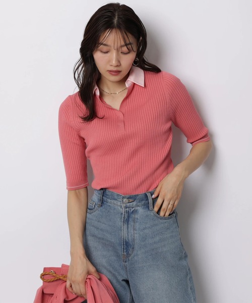 JUSGLITTY（ジャスグリッティー）の「５分袖シャツカラーＶネックアンサンブル（ニット/セーター・レディース・ホワイト/コーラルピンク/グレー/ピンクベージュ/ネイビー・2）」の13枚目の写真