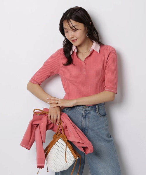 JUSGLITTY（ジャスグリッティー）の「５分袖シャツカラーＶネックアンサンブル（ニット/セーター・レディース・ホワイト/コーラルピンク/グレー/ピンクベージュ/ネイビー・2）」の14枚目の写真