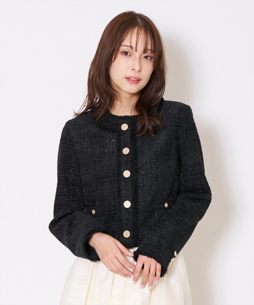 AND COUTURE(アンドクチュール)の「ツイードジャケット(ノーカラージャケット・レディース・オフホワイト/グリーン/ブラック・MEDIUM/SMALL)」の1枚目の写真
