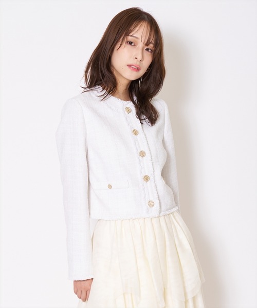 AND COUTURE(アンドクチュール)の「ツイードジャケット(ノーカラージャケット・レディース・オフホワイト/グリーン/ブラック・MEDIUM/SMALL)」の14枚目の写真