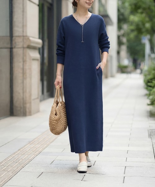 STYLE DELI(スタイルデリ)の「サーマル編みVネックワンピース(ワンピース・レディース・ライム/ネイビー/グレイッシュベージュ・FREE)」の1枚目の写真