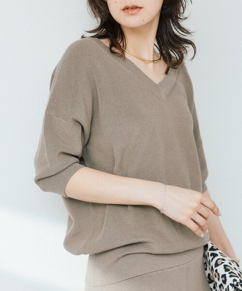 RIVE DROITE(リヴドロワ)の「【セットアップ可能】ギマコットン片畦Vネックニット(ニット/セーター・レディース・イエロー/ブラック/オフホワイト/モカ・FREE)」の4枚目の写真