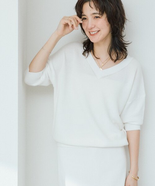 RIVE DROITE(リヴドロワ)の「【セットアップ可能】ギマコットン片畦Vネックニット(ニット/セーター・レディース・イエロー/ブラック/オフホワイト/モカ・FREE)」の10枚目の写真