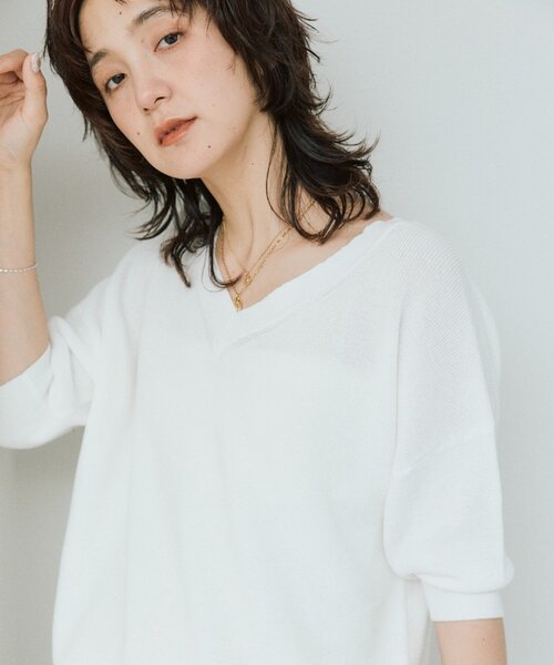 RIVE DROITE(リヴドロワ)の「【セットアップ可能】ギマコットン片畦Vネックニット(ニット/セーター・レディース・イエロー/ブラック/オフホワイト/モカ・FREE)」の11枚目の写真