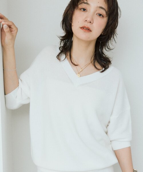 RIVE DROITE(リヴドロワ)の「【セットアップ可能】ギマコットン片畦Vネックニット(ニット/セーター・レディース・イエロー/ブラック/オフホワイト/モカ・FREE)」の12枚目の写真