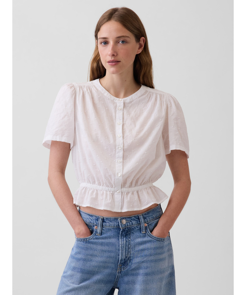 GAP(ギャップ)の「フロントボタン クロップド ペプラムトップス(シャツ/ブラウス・レディース・ホワイト×ブルー/ホワイト・XXS/S/M/L/XS)」の2枚目の写真