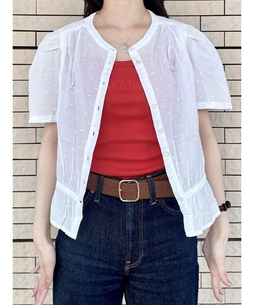 GAP(ギャップ)の「フロントボタン クロップド ペプラムトップス(シャツ/ブラウス・レディース・ホワイト×ブルー/ホワイト・XXS/S/M/L/XS)」の11枚目の写真