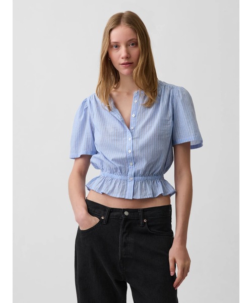 GAP(ギャップ)の「フロントボタン クロップド ペプラムトップス(シャツ/ブラウス・レディース・ホワイト×ブルー/ホワイト・XXS/S/M/L/XS)」の8枚目の写真