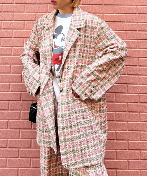 Alley Tokyo(アリートーキョー)の「【セットアップで着られる】チェックシャツジャケット(テーラードジャケット・レディース・ブラック/ピンク・FREE)」の1枚目の写真