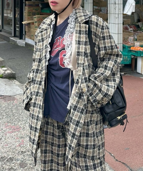 Alley Tokyo(アリートーキョー)の「【セットアップで着られる】チェックシャツジャケット(テーラードジャケット・レディース・ブラック/ピンク・FREE)」の2枚目の写真