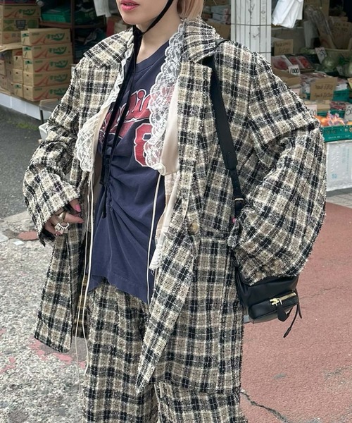 Alley Tokyo(アリートーキョー)の「【セットアップで着られる】チェックシャツジャケット(テーラードジャケット・レディース・ブラック/ピンク・FREE)」の10枚目の写真