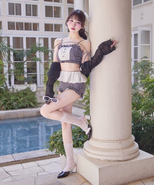 OLIVE des OLIVE(オリーブデオリーブ)の「【Belle Charme】Ruffle Swimwear &Lace Cardigan Set(水着・レディース・ピンク/ブラック/ブラック系その他・FREE)」の1枚目の写真