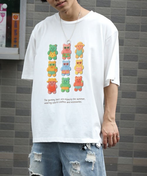 HOOK(フック)の「HOOK -original- ベアグミプリント ビッグシルエットTシャツ (SS)(Tシャツ/カットソー・メンズ・グレー/ホワイト/ブルー・L/XL/M)」の2枚目の写真