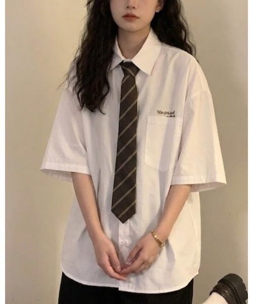CHEER(チアー)の「ネクタイ付き オーバーサイズ ピーチ加工生地半袖シャツ 2点セット(シャツ/ブラウス・レディース・ホワイト/ブラック/カーキ・FREE)」の16枚目の写真