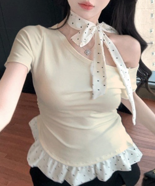 Riff(リフ)の「2点セット ドット柄フリルワンショルトップス ドット柄チョーカー付き(Tシャツ/カットソー・レディース・ブラック/クリーム/サックスブルー・FREE)」の10枚目の写真