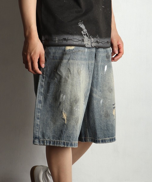 WESTSEA(ウエストシー)の「ヴィンテージウォッシュ ダメージデニム バギーショートパンツ(デニムパンツ・メンズ・ブルー・M/L/XL)」の1枚目の写真