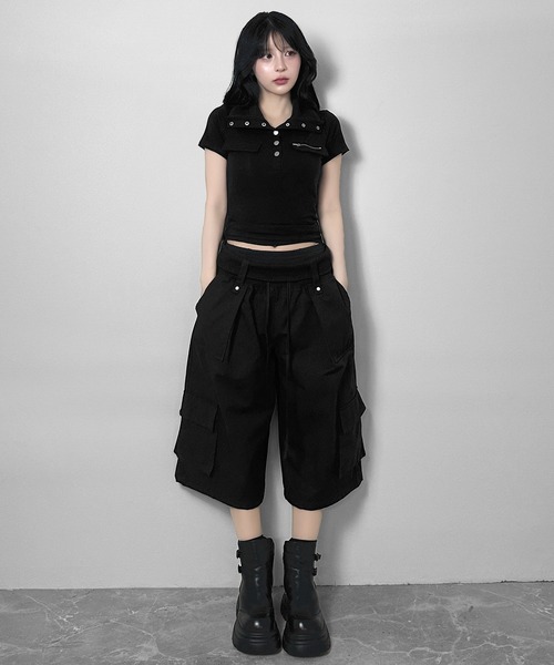 FOLLOWIN(フォロウィン)の「【 UNISEX 】折り返しリブウエストレイヤーカーゴハーフパンツ(カーゴパンツ・レディース・ホワイト/ブラック・FREE)」の17枚目の写真