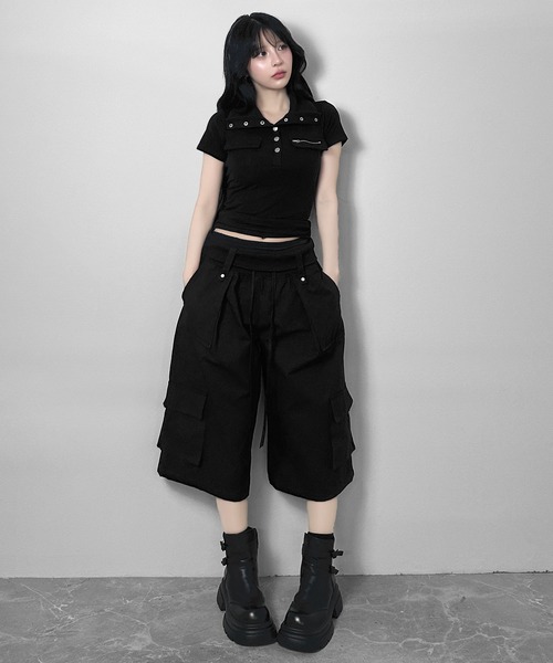 FOLLOWIN(フォロウィン)の「【 UNISEX 】折り返しリブウエストレイヤーカーゴハーフパンツ(カーゴパンツ・レディース・ホワイト/ブラック・FREE)」の18枚目の写真