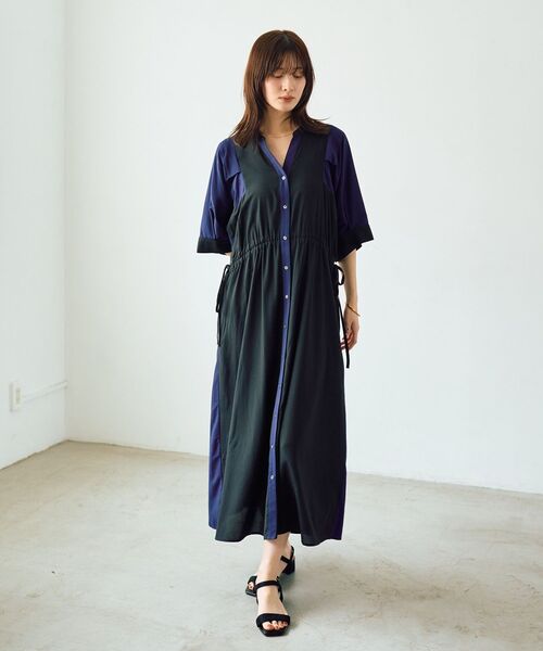 Editt by YECCA VECCA(エディットバイイェッカヴェッカ)の「配色デザインシャツワンピース(シャツワンピース・レディース・ブラウン/ブラック/ブルー・FREE)」の1枚目の写真