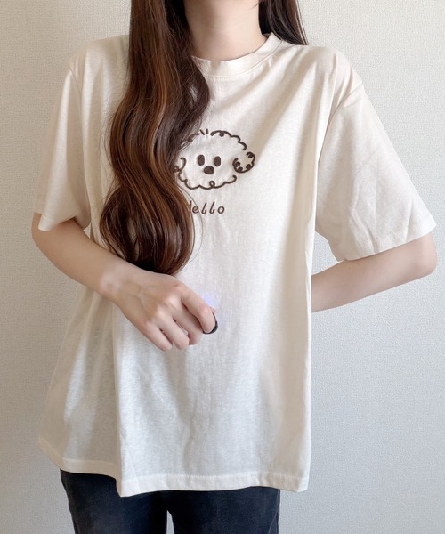 Nana(ナナ)の「ゆる犬刺繍Tシャツ(Tシャツ/カットソー・レディース・ベージュ/ホワイト・FREE)」の6枚目の写真