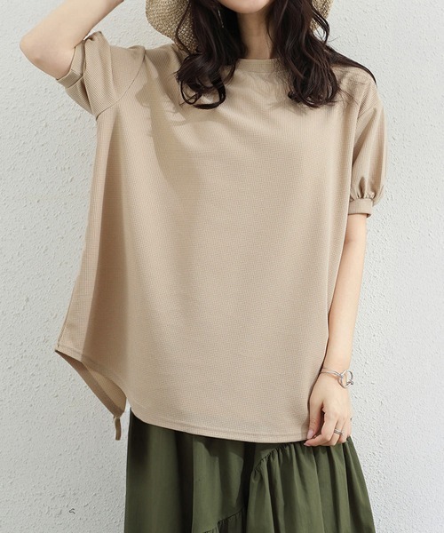 Miniministore(ミニミニストア)の「ワッフルTシャツ半袖レディースゆったり夏(Tシャツ/カットソー・レディース・グレー/サックスブルー/イエロー/グリーン/ベージュ/ブラック/ホワイト・FREE)」の4枚目の写真
