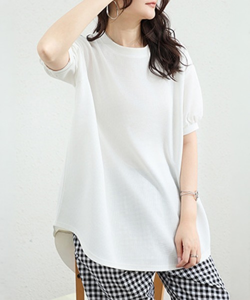 Miniministore(ミニミニストア)の「ワッフルTシャツ半袖レディースゆったり夏(Tシャツ/カットソー・レディース・グレー/サックスブルー/イエロー/グリーン/ベージュ/ブラック/ホワイト・FREE)」の2枚目の写真