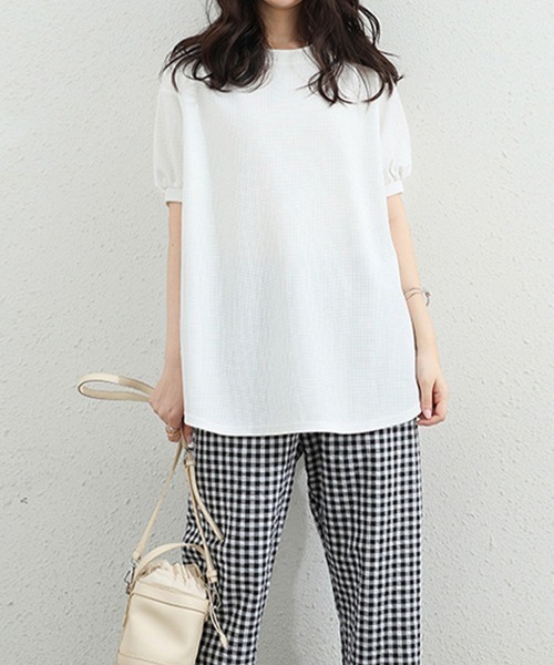 Miniministore(ミニミニストア)の「ワッフルTシャツ半袖レディースゆったり夏(Tシャツ/カットソー・レディース・グレー/サックスブルー/イエロー/グリーン/ベージュ/ブラック/ホワイト・FREE)」の16枚目の写真