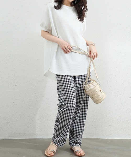 Miniministore(ミニミニストア)の「ワッフルTシャツ半袖レディースゆったり夏(Tシャツ/カットソー・レディース・グレー/サックスブルー/イエロー/グリーン/ベージュ/ブラック/ホワイト・FREE)」の15枚目の写真