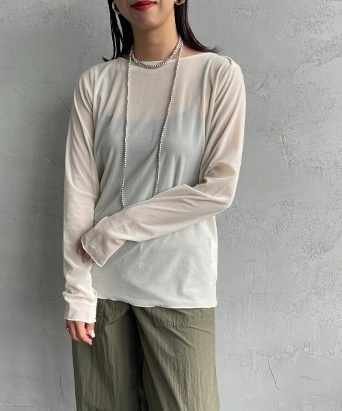 nenom（ネノム）の「[nenom/ネノム] シアーベロア ボートネックロングスリーブTシャツ（Tシャツ/カットソー・レディース・オフホワイト/ネイビー・F）」の19枚目の写真