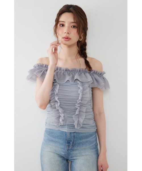 rienda(リエンダ)の「フリルオフショルカットトップス 夏服(Tシャツ/カットソー・レディース・ブラック/ホワイト/グレー・FREE)」の1枚目の写真