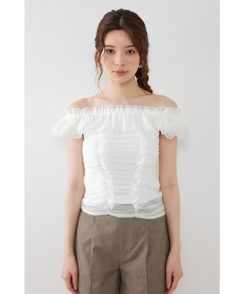 rienda(リエンダ)の「フリルオフショルカットトップス 夏服(Tシャツ/カットソー・レディース・ブラック/ホワイト/グレー・FREE)」の9枚目の写真