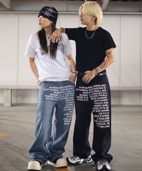 転写プリントバギーデニムパンツ オーバサイズ Cross charm official store | バギー デニム スーパー ワイド パンツ