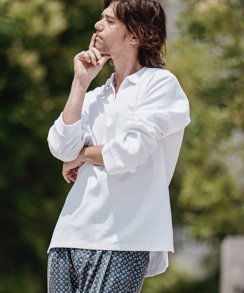 CAMBIO（カンビオ）の「ms6574-Ripple Knit Skipper Polo スキッパーポロシャツ(A72326cmb)（ポロシャツ・メンズ・ホワイト/オートミール/ブラック/ミックスグレー・S/M/L）」の2枚目の写真