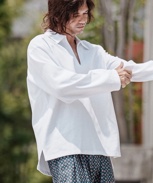 CAMBIO（カンビオ）の「ms6574-Ripple Knit Skipper Polo スキッパーポロシャツ(A72326cmb)（ポロシャツ・メンズ・ホワイト/オートミール/ブラック/ミックスグレー・S/M/L）」の5枚目の写真