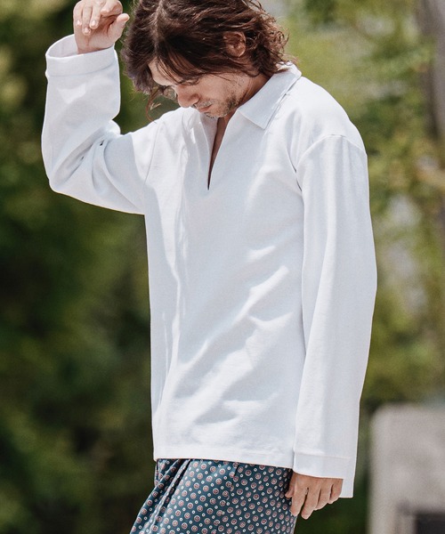 CAMBIO（カンビオ）の「ms6574-Ripple Knit Skipper Polo スキッパーポロシャツ(A72326cmb)（ポロシャツ・メンズ・ホワイト/オートミール/ブラック/ミックスグレー・S/M/L）」の6枚目の写真