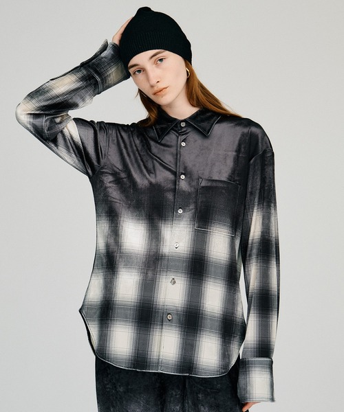 PRANK PROJECT(プランクプロジェクト)の「【2026Autumn Pre-Order】フェーデッドチェックベロアシャツ / Faded Check Velour Shirt(シャツ/ブラウス・レディース・ブラック・FREE)」の1枚目の写真