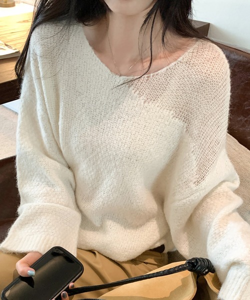 AMAJI(アマジ)の「メッシュ ルーズニットトップス(ニット/セーター・レディース・ホワイト/グレー/ベージュ・SMALL/MEDIUM/LARGE)」の1枚目の写真