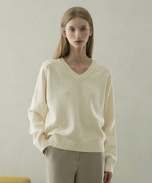 Cotton 100% V-neck Knit (cream beige)