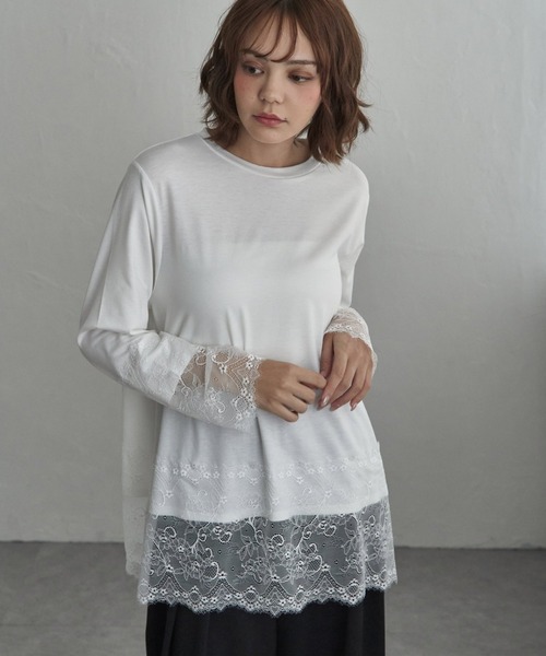 notch.（ノッチ）の「レース付きロンT（Tシャツ/カットソー・レディース・オフホワイト/ブラック・M）」の2枚目の写真