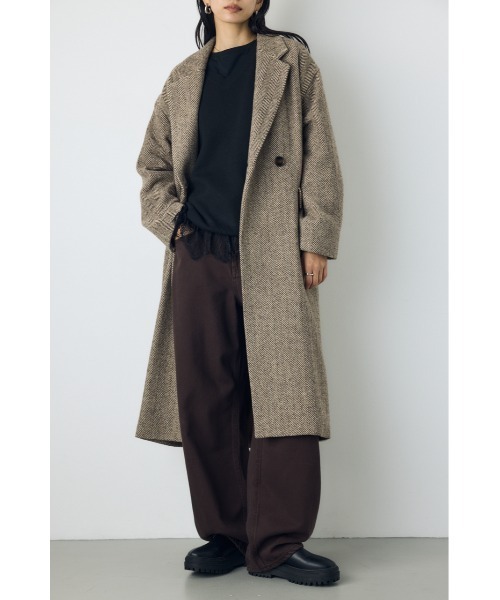 AZUL by moussy（アズールバイマウジー）の「【着丈バリエ】ヘリンボーンツイードチェスターロングコート 秋服 冬服　お尻が隠れる　体系カバー　マニッシュ（チェスターコート・レディース・ブラック系その他/ブラウン系その他・MEDIUM/SMALL）」の2枚目の写真