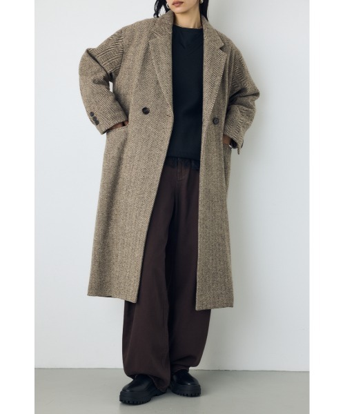 AZUL by moussy（アズールバイマウジー）の「【着丈バリエ】ヘリンボーンツイードチェスターロングコート 秋服 冬服　お尻が隠れる　体系カバー　マニッシュ（チェスターコート・レディース・ブラック系その他/ブラウン系その他・MEDIUM/SMALL）」の4枚目の写真