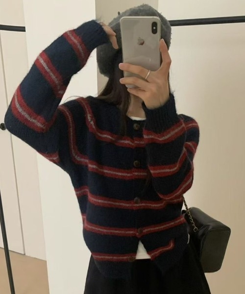 Teem Store(チームストア)の「マルチボーダー クルーネックニットカーディガン(カーディガン/ボレロ・レディース・ネイビー/グレー/モカ・M)」の3枚目の写真
