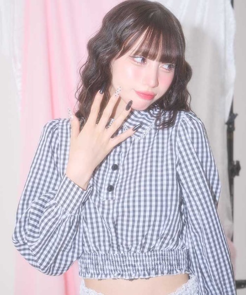 FickleBebe(フィクルベベ)の「ギンガムショートブラウス(シャツ/ブラウス・レディース・ピンク/ブラック・FREE)」の5枚目の写真