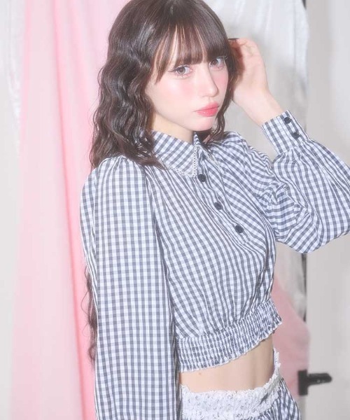 FickleBebe(フィクルベベ)の「ギンガムショートブラウス(シャツ/ブラウス・レディース・ピンク/ブラック・FREE)」の6枚目の写真