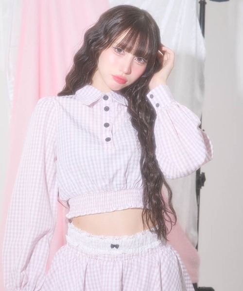 FickleBebe(フィクルベベ)の「ギンガムショートブラウス(シャツ/ブラウス・レディース・ピンク/ブラック・FREE)」の9枚目の写真