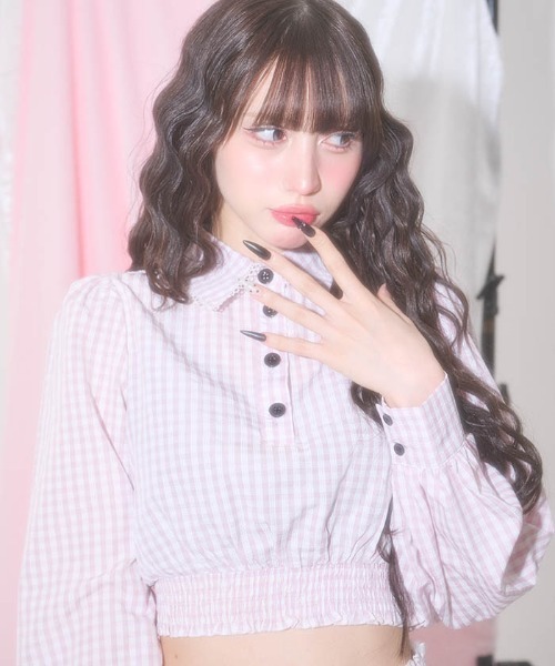 FickleBebe(フィクルベベ)の「ギンガムショートブラウス(シャツ/ブラウス・レディース・ピンク/ブラック・FREE)」の11枚目の写真