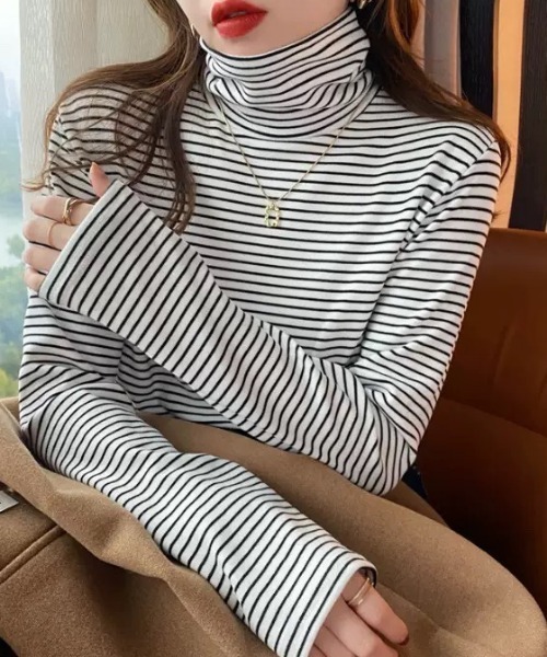 NANEA(ナネア)の「ボーダーハイネックT(Tシャツ/カットソー・レディース・アイボリー/ブラウン/ホワイト/ブラック・MEDIUM)」の1枚目の写真