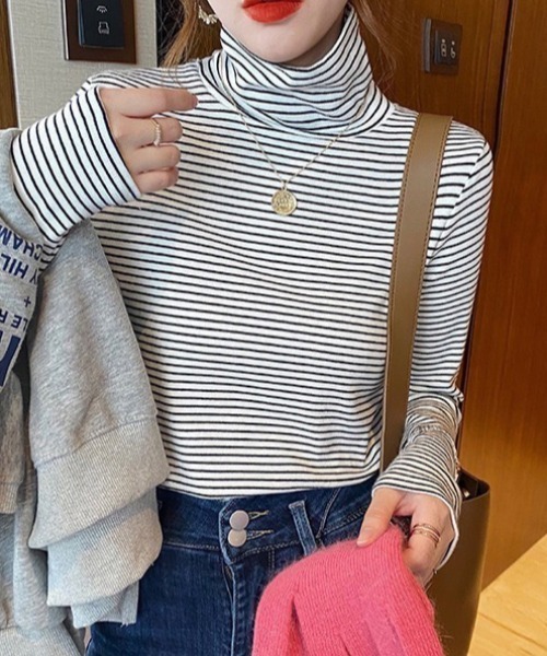 NANEA(ナネア)の「ボーダーハイネックT(Tシャツ/カットソー・レディース・アイボリー/ブラウン/ホワイト/ブラック・MEDIUM)」の5枚目の写真