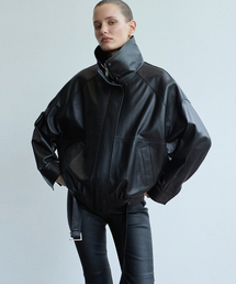 High-Neck Belted Leather Blouson_Black